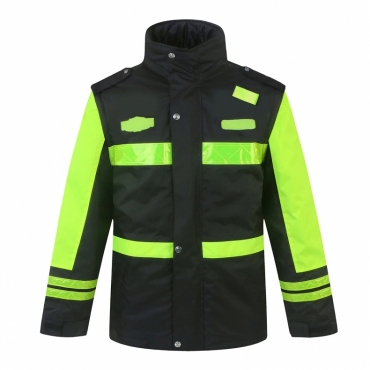 Black Workwear waterproof jacket with yellow reflective tape